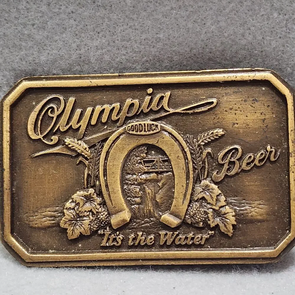 Olympia Beer It's The Water Belt Buckle Olympia Horseshoe Waterfall Vintage 1970
